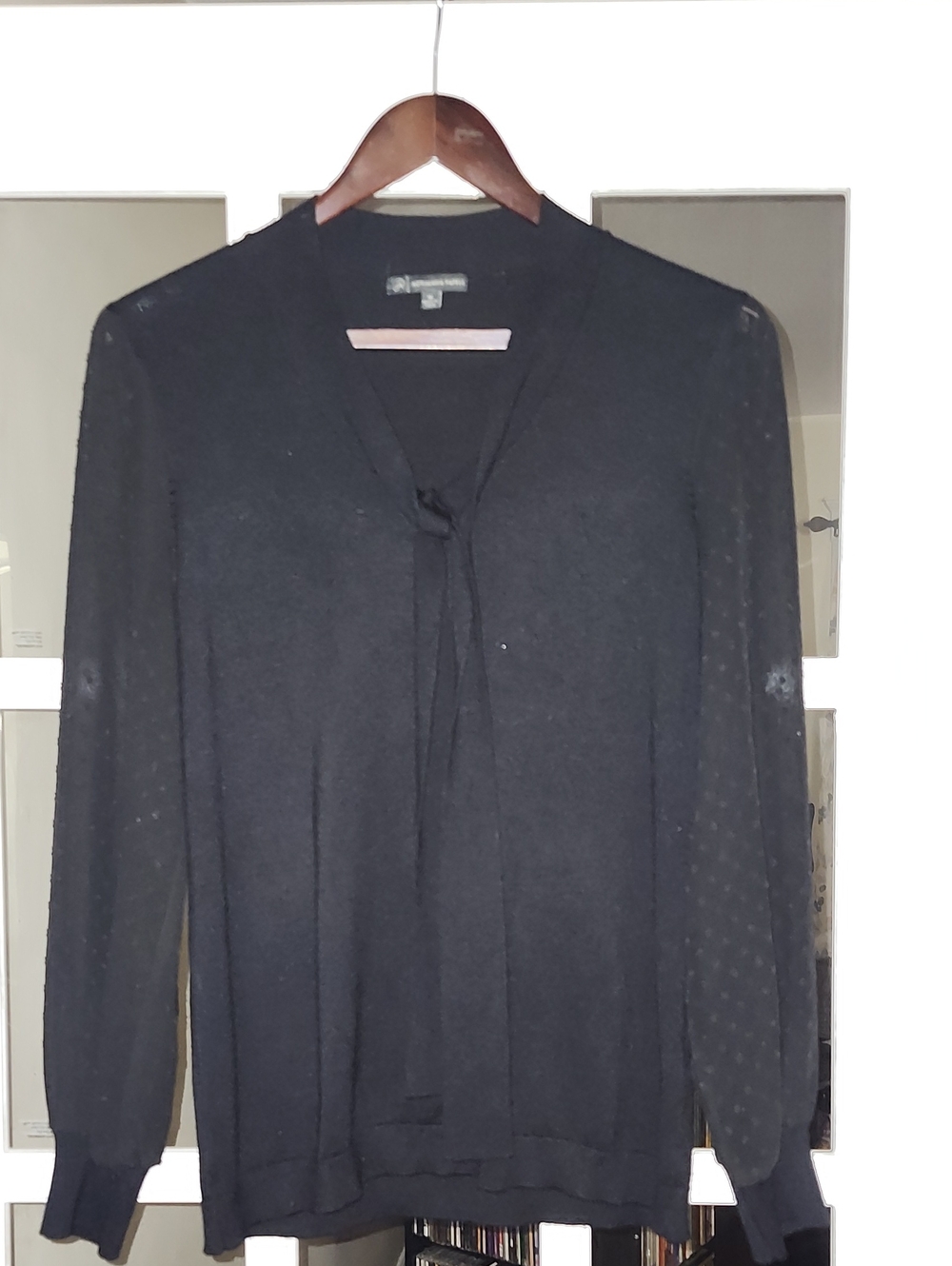 Adrianna Papell Black V-Neck Tie-Neck Dot-Sleeve Sweater